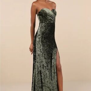 Classy Sensation Olive Velvet Pleated Strapless Maxi Dress (MED)